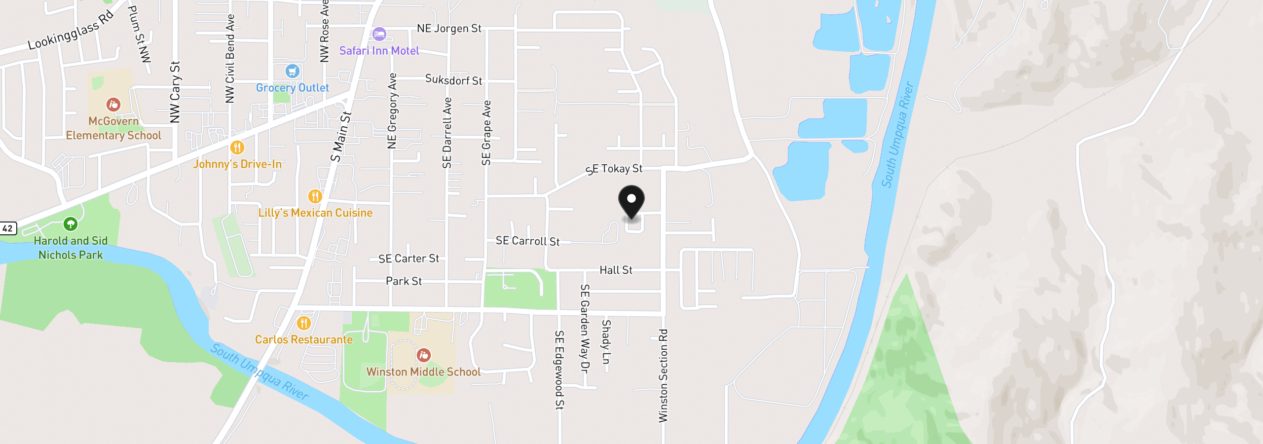 Map showing the location of 180 Twin Oaks Loop, Winston, OR 97496