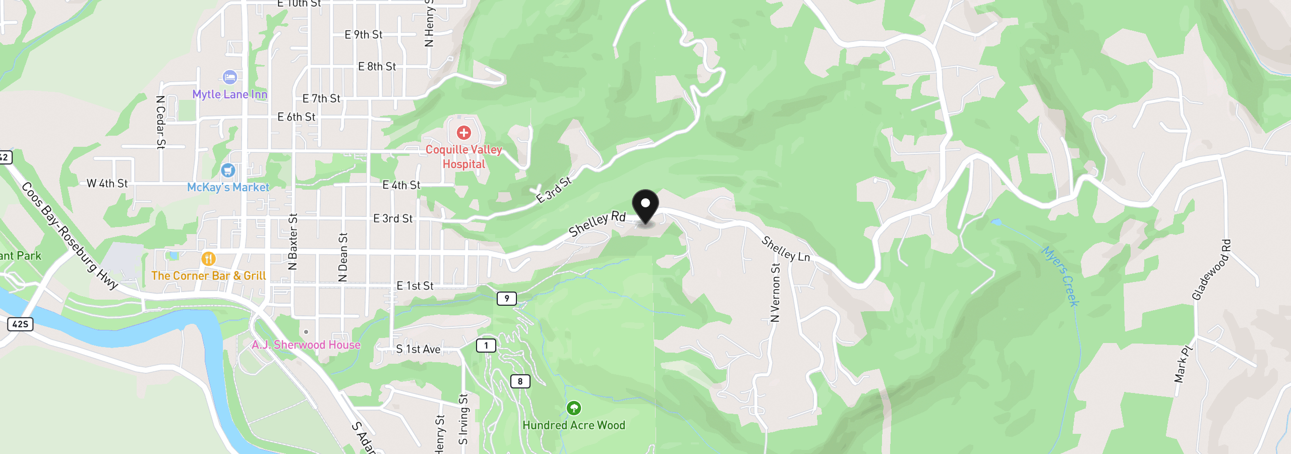 Map showing the location of 1643 Shelley Rd, Coquille, OR 97423