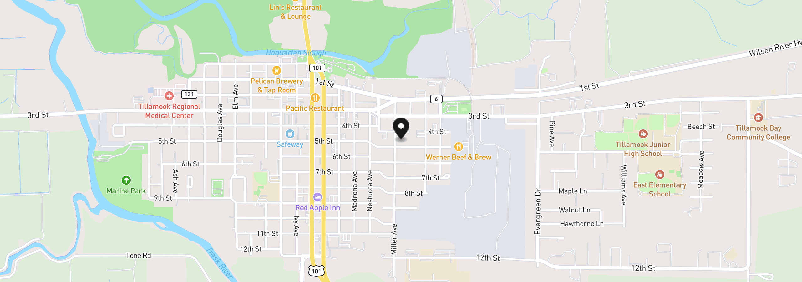 Map showing the location of 405 Miller Ave, Tillamook, OR 97141