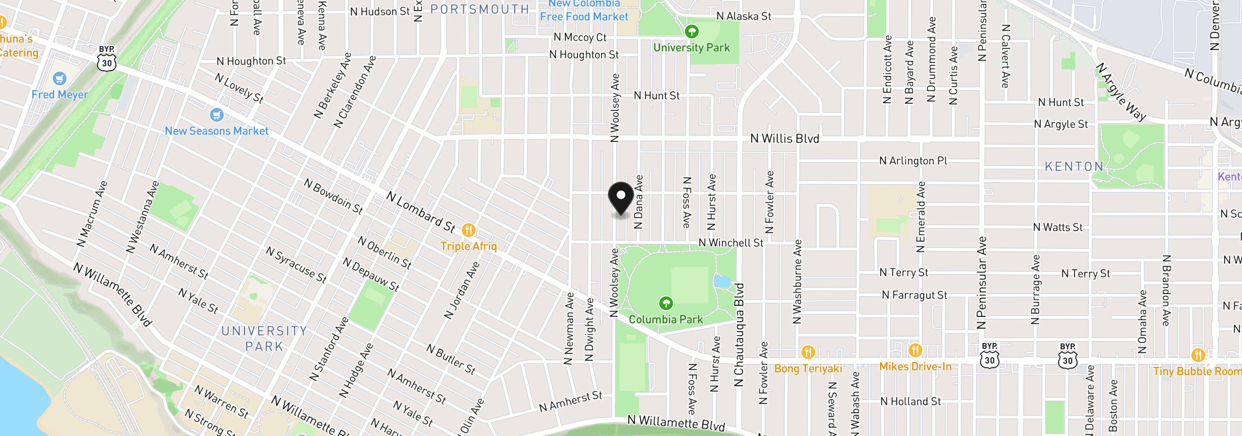 Map showing the location of 8000 N Woolsey Ave, Portland, OR 97203