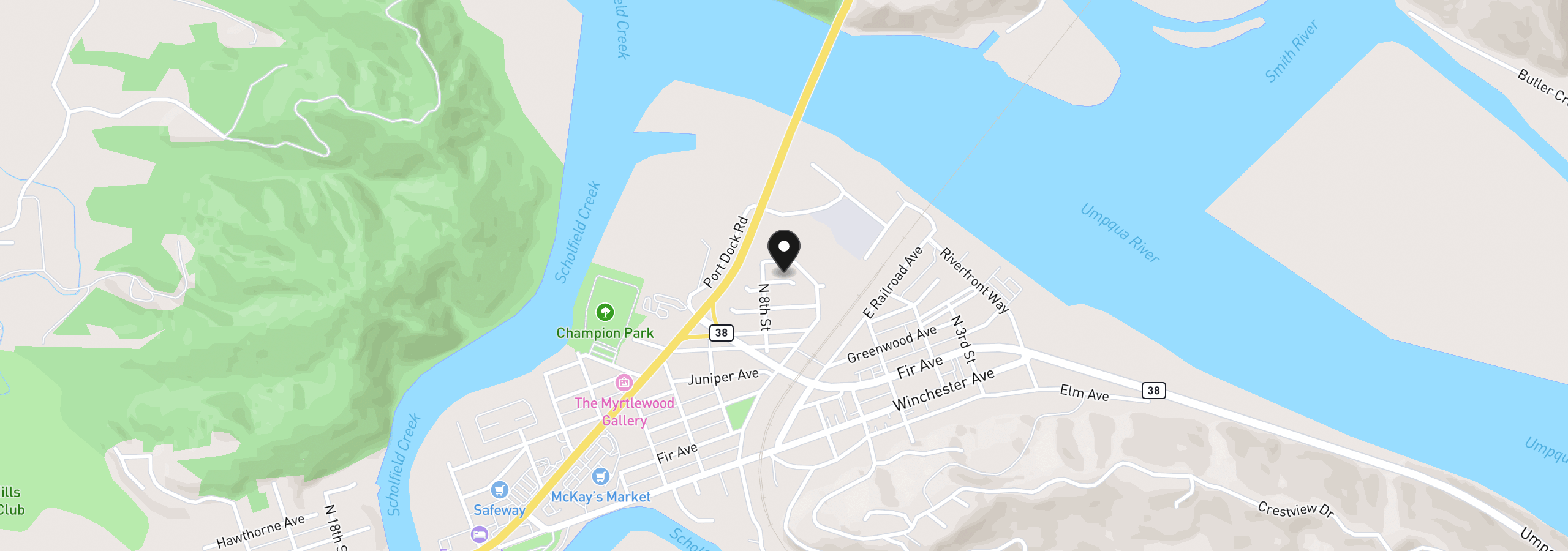 Map showing the location of 1000 N 8th St, Reedsport, OR 97467