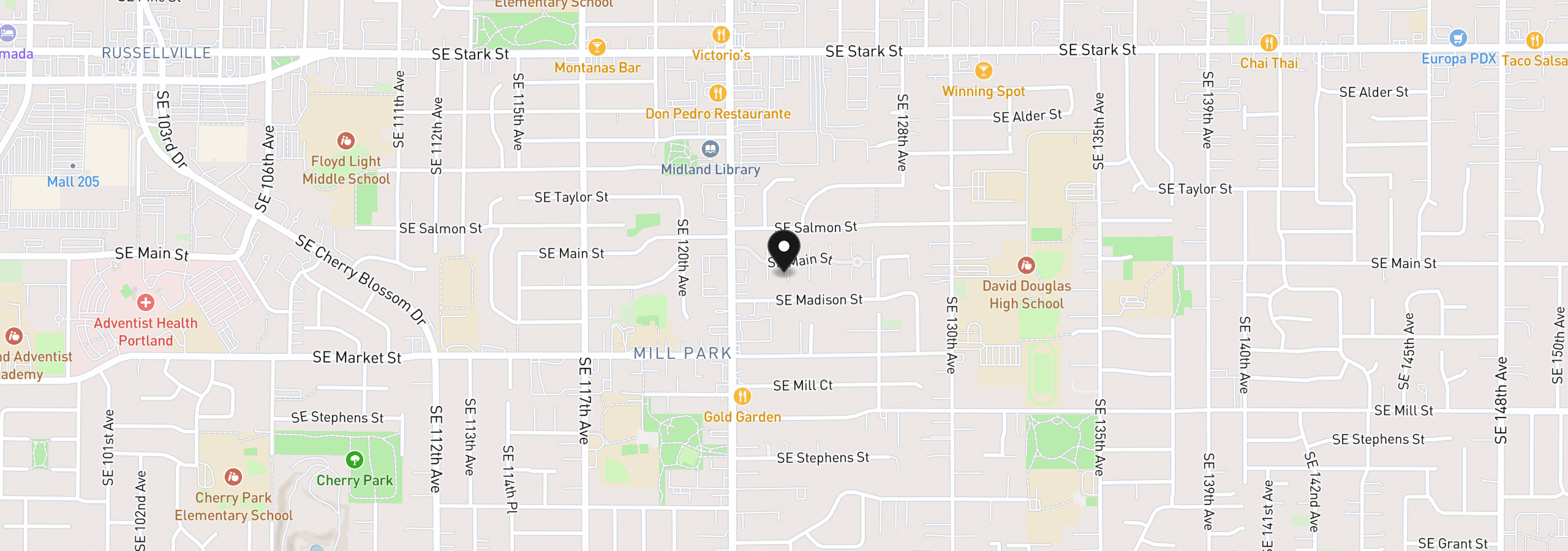 Map showing the location of 12330 SE Main St, Portland, OR 97233