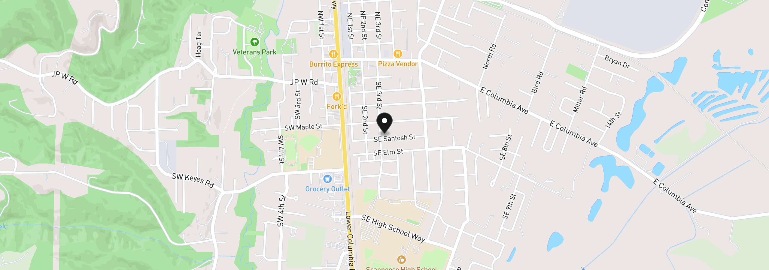 Map showing the location of 33651 SE Santosh St, Scappoose, OR 97056