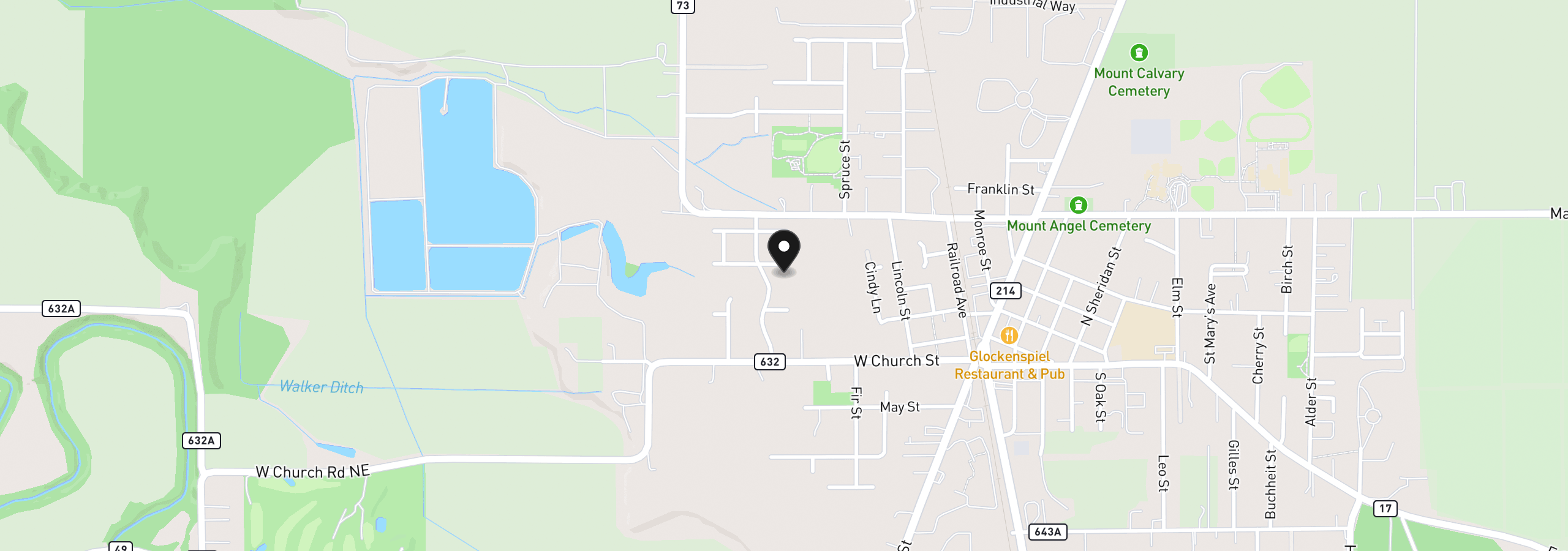 Map showing the location of 900 Marie St, Mt. Angel, OR 97362
