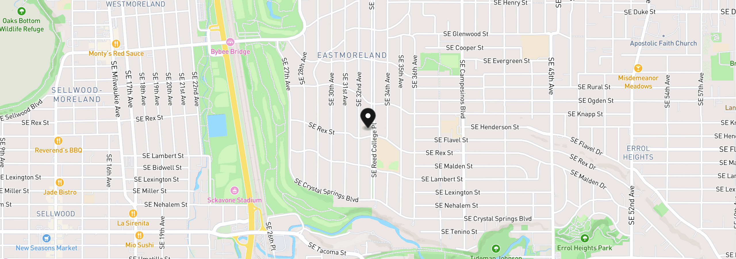 Map showing the location of 7531 SE Reed College Pl, Portland, OR 97202