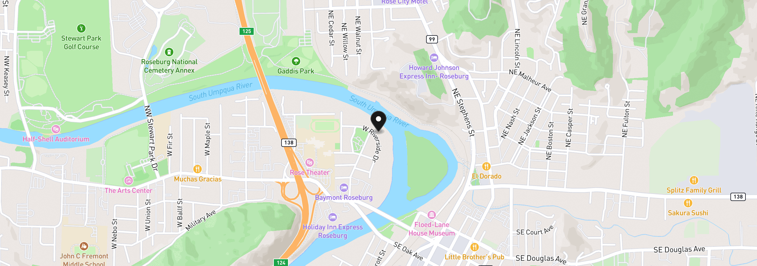 Map showing the location of 325 W Riverside Dr, Roseburg, OR 97470