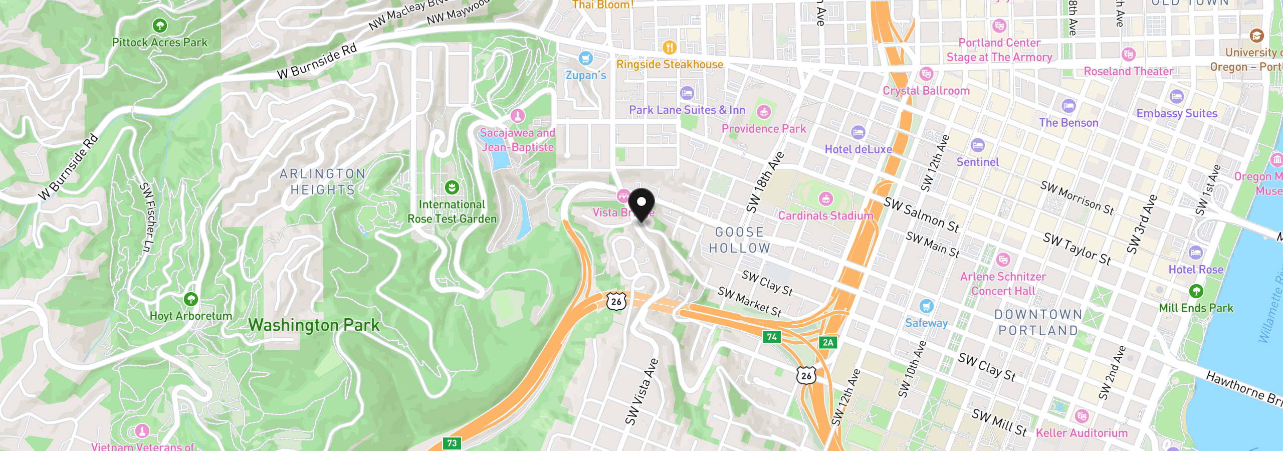 Map showing the location of 1408 SW Vista Ave, Portland, OR 97201