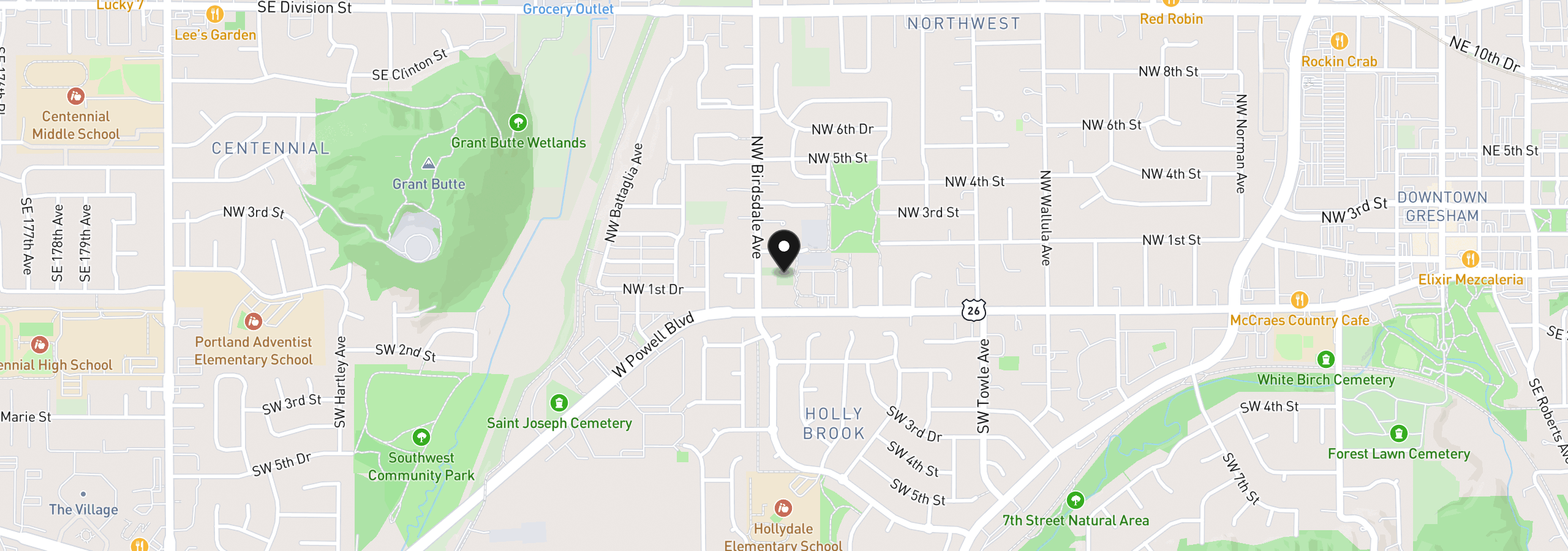 Map showing the location of 70 NW Birdsdale Ave, Gresham, OR 97030
