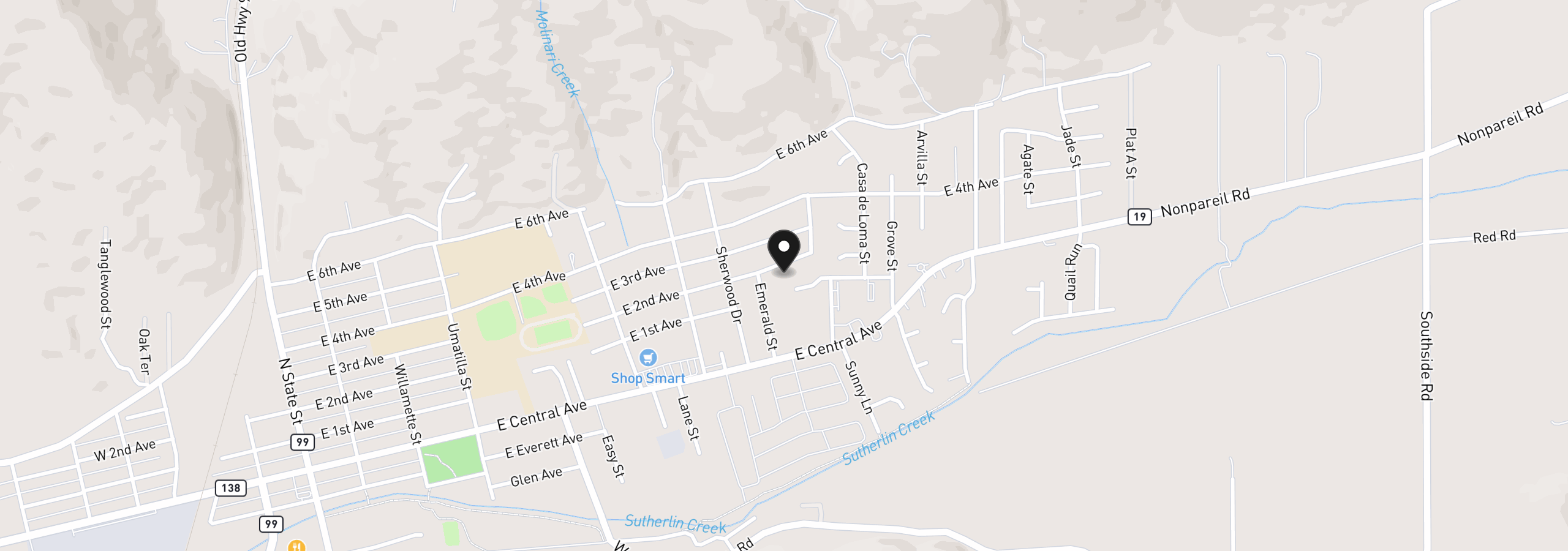 Map showing the location of 1202 E Second Ave, Sutherlin, OR 97479