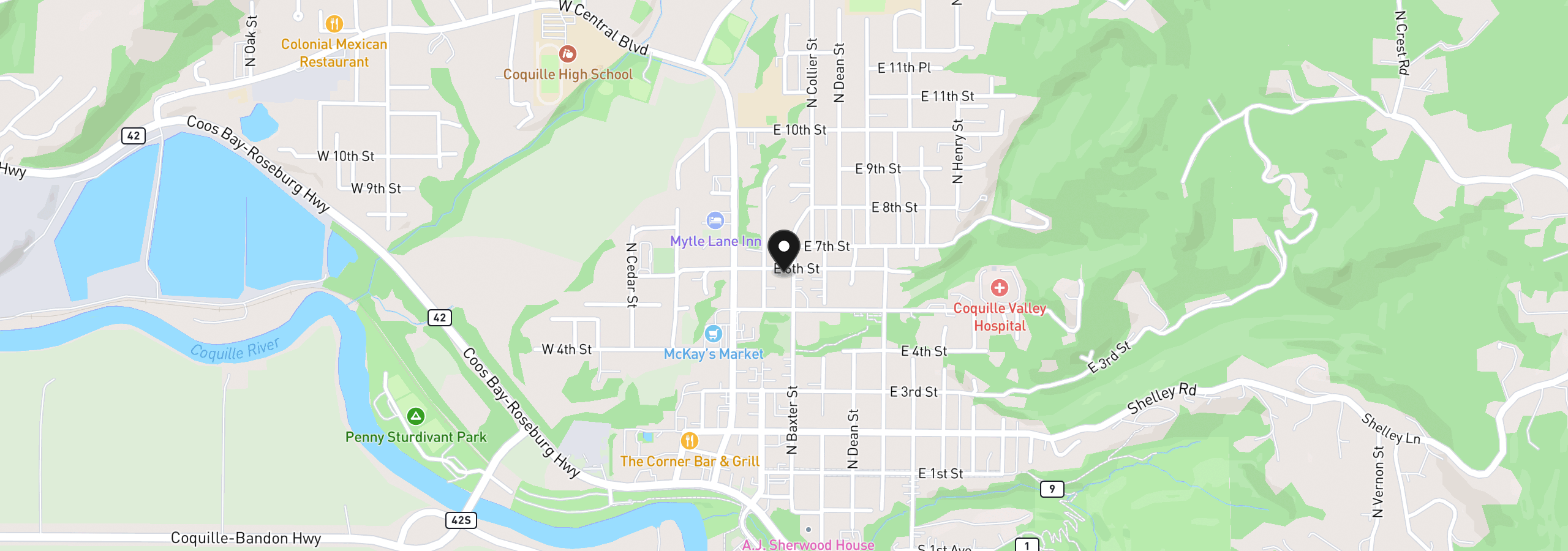 Map showing the location of 587 N Baxter St, Coquille, OR 97423