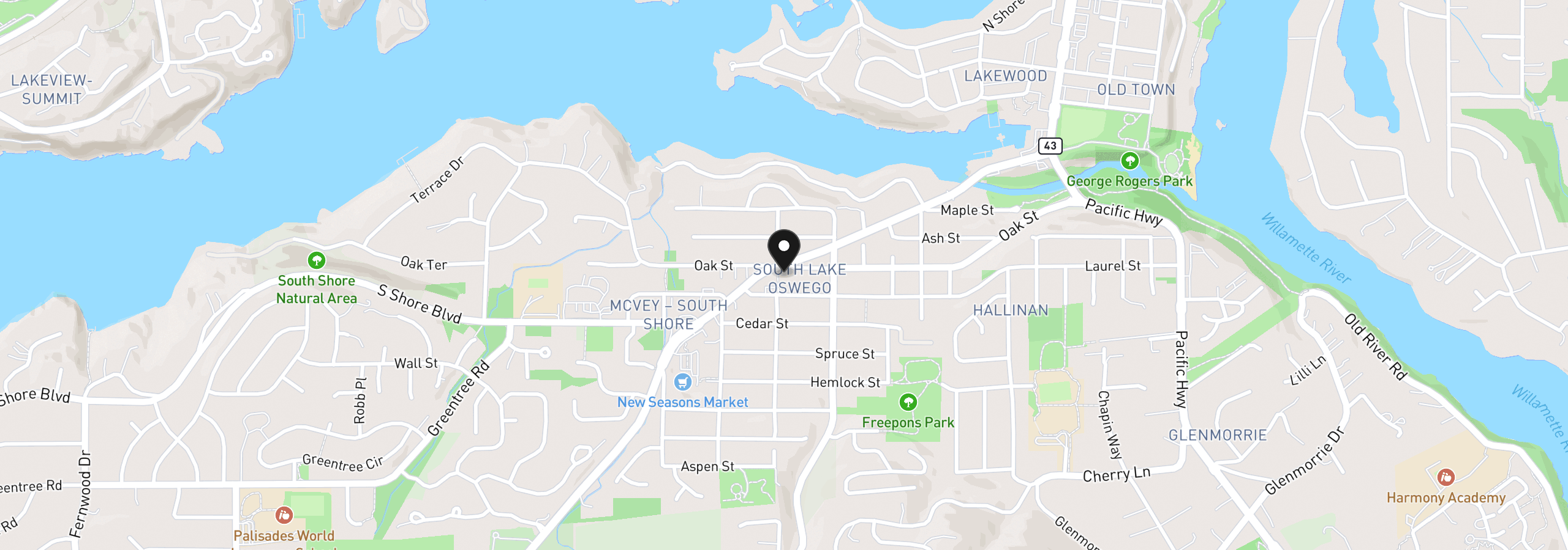 Map showing the location of 1328 Oak St, Lake Oswego, OR 97034