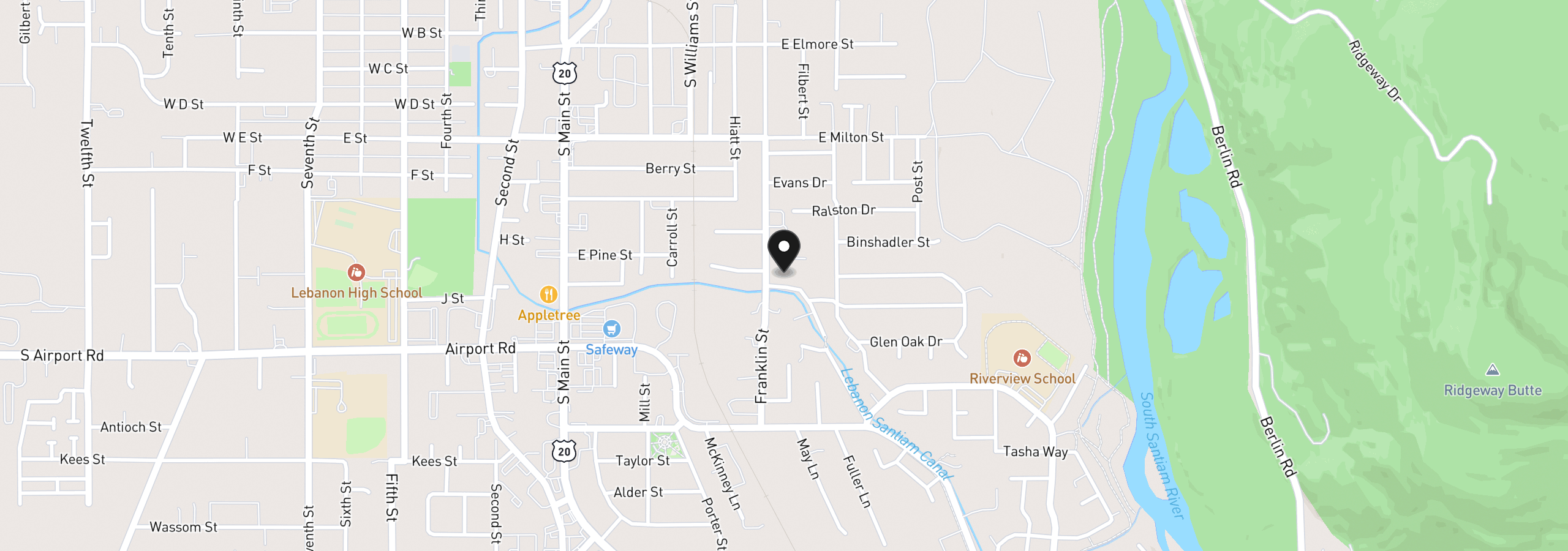Map showing the location of 1893 River Rd, Lebanon, OR 97355