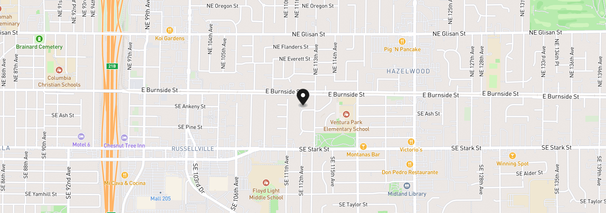 Map showing the location of 11282 SE Pine Ct, Portland, OR 97216