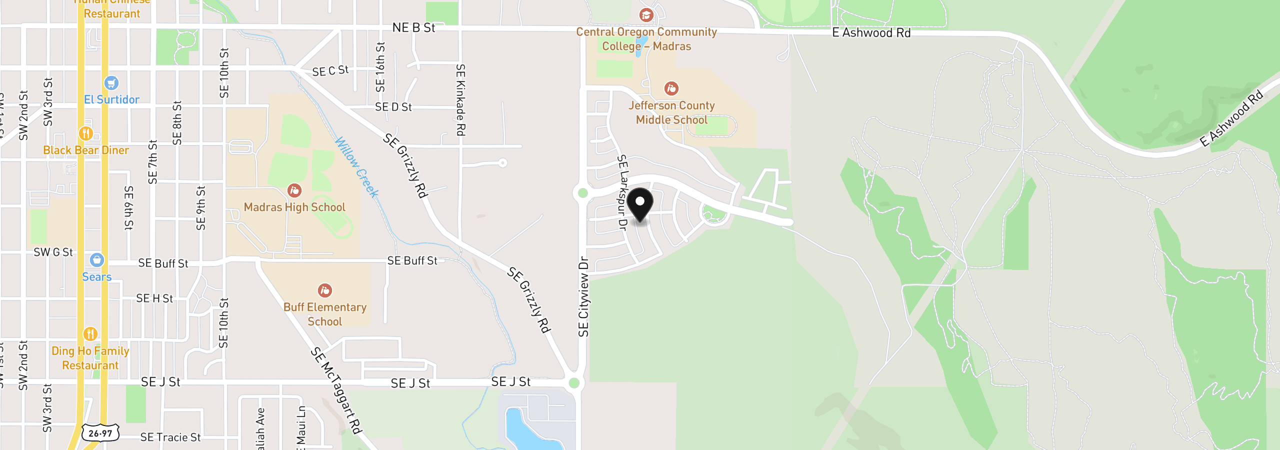 Map showing the location of 420 SE Manzanita Dr, Madras, OR 97741
