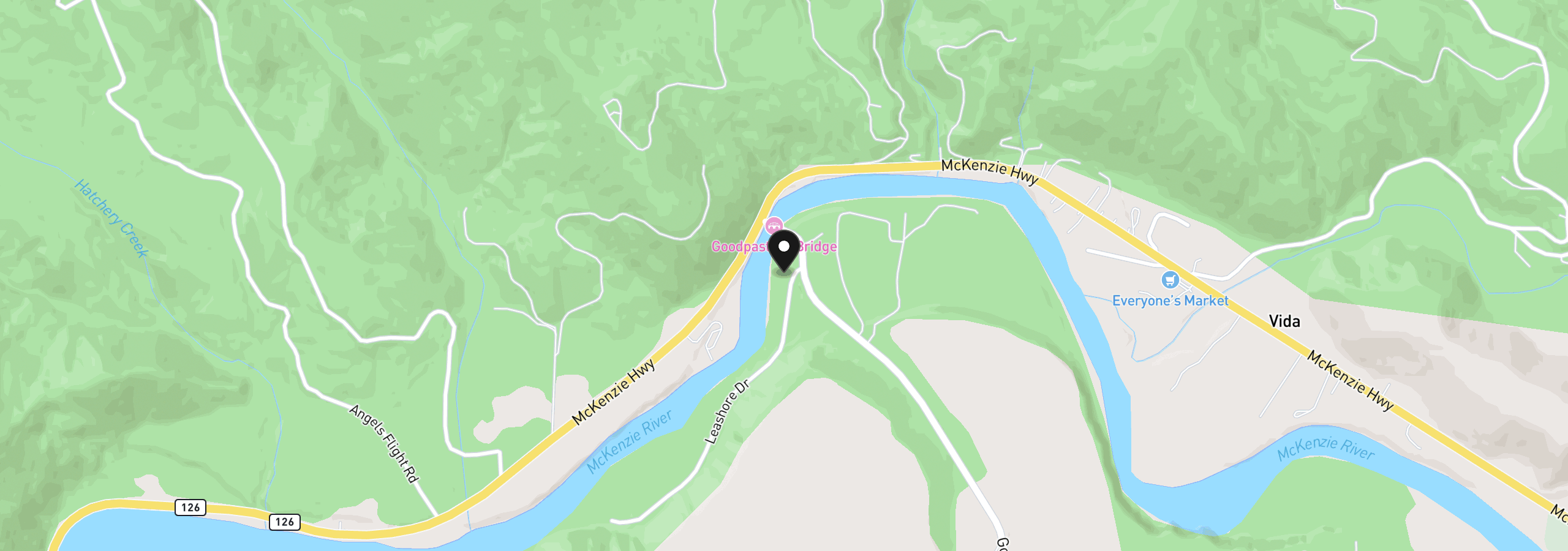 Map showing the location of 91082 Leashore Dr, Vida, OR 97488