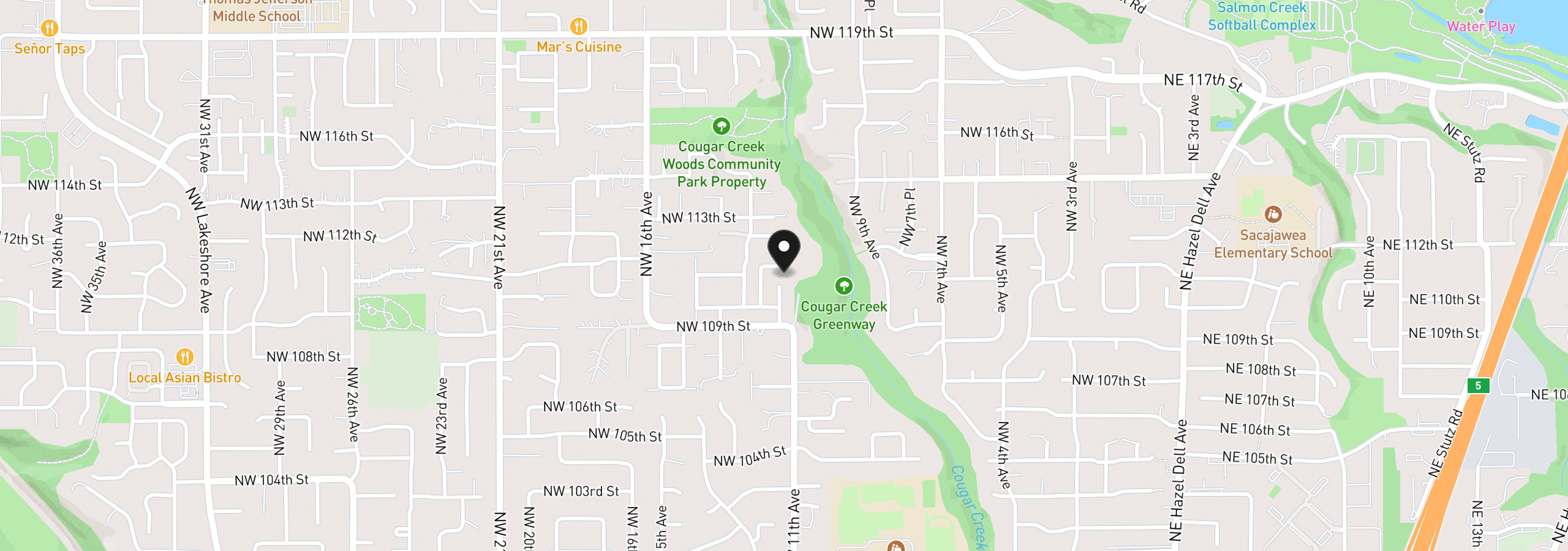 Map showing the location of 1105 NW 111th Cir, Vancouver, Wa 98685