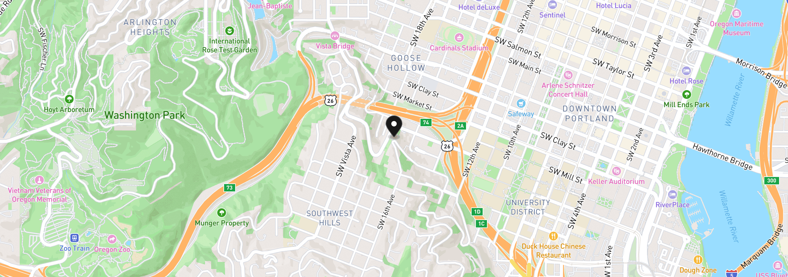Map showing the location of 1551 SW Upper Hall St, Portland, OR 97201