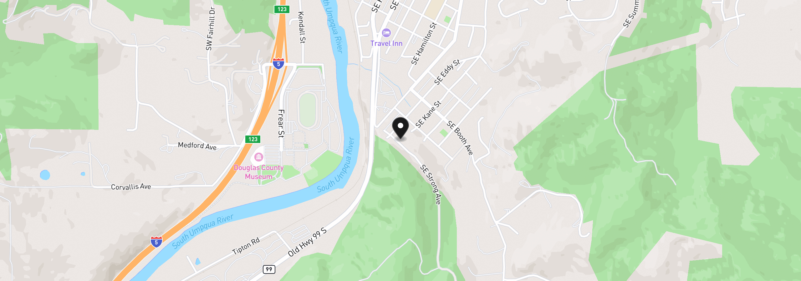 Map showing the location of 1332 SE Strong Ave, Roseburg, OR 97470