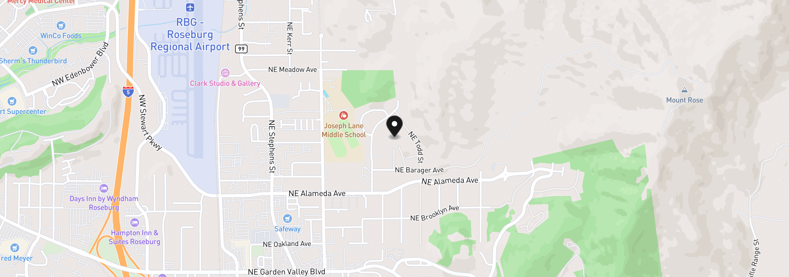 Map showing the location of 0 NE Barager Ave, Roseburg, OR 97470