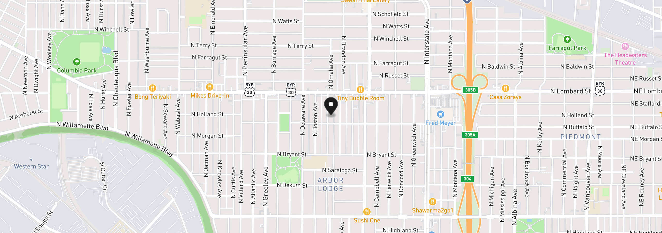 Map showing the location of 7224 N Omaha Ave, Portland, OR 97217