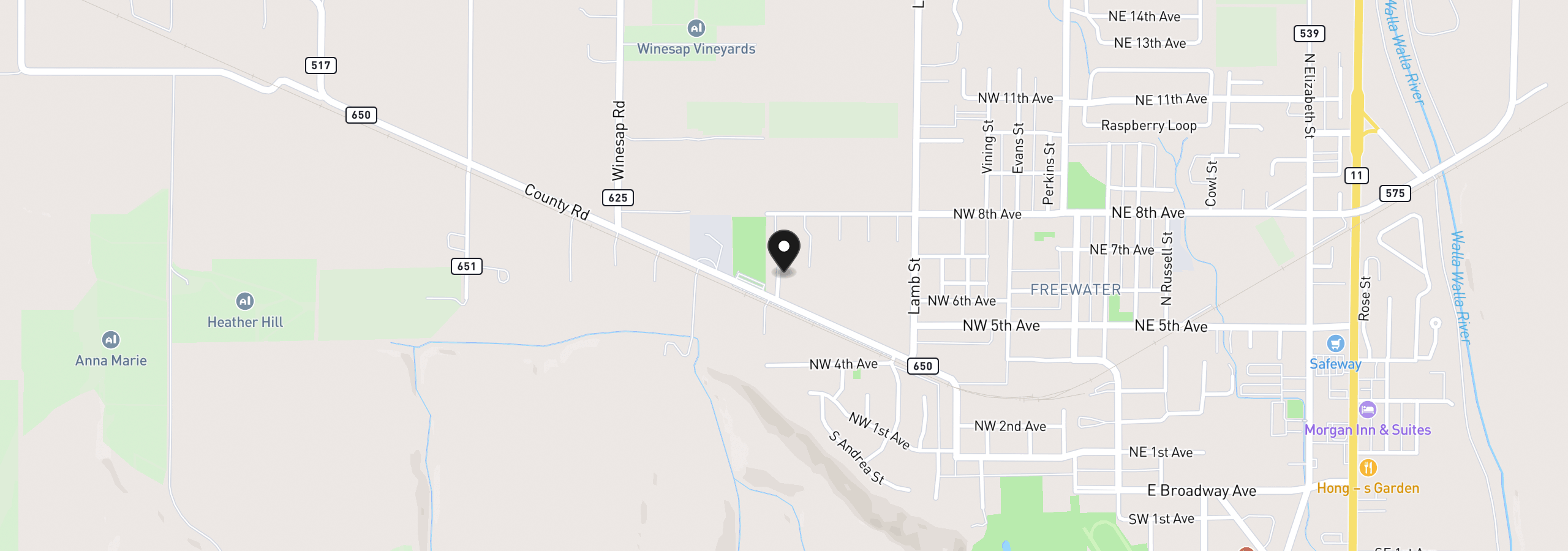 Map showing the location of 624 County Rd, Milton-Freewater, OR 97862