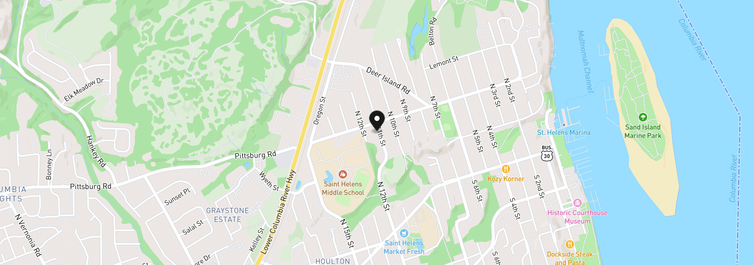 Map showing the location of 395 N 11th St, St. Helens, OR 97051