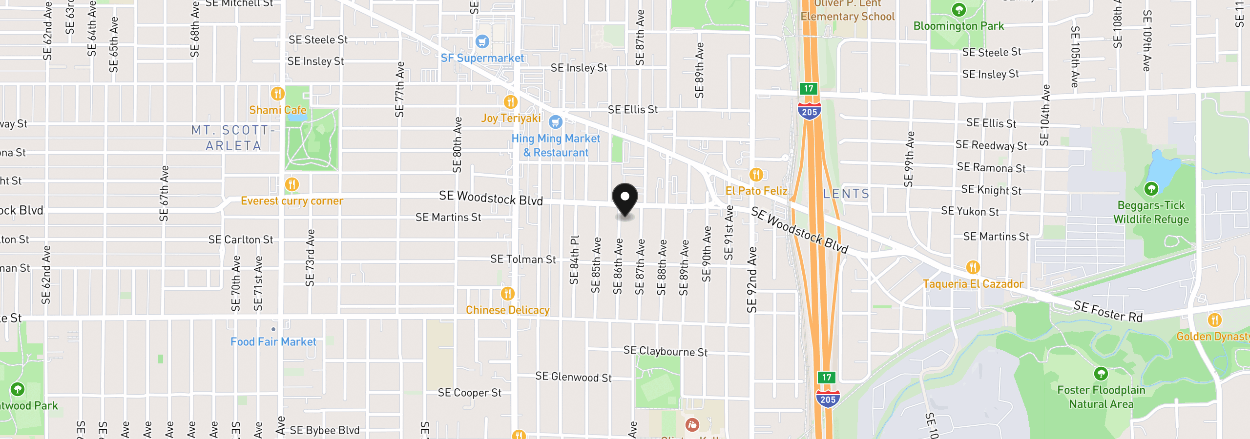 Map showing the location of 6022 SE 86th Ave, Portland, OR 97266