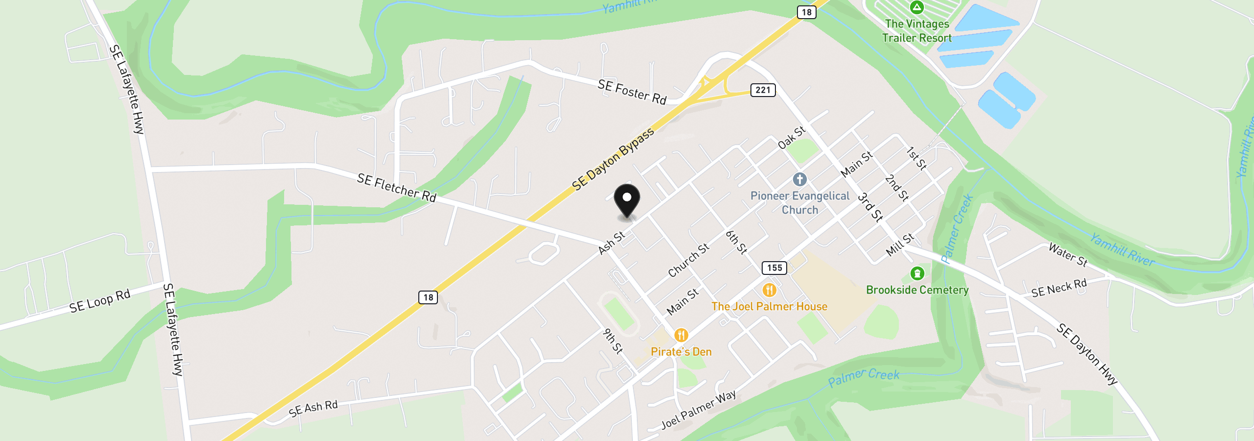 Map showing the location of 707 Ash St, Dayton, OR 97114