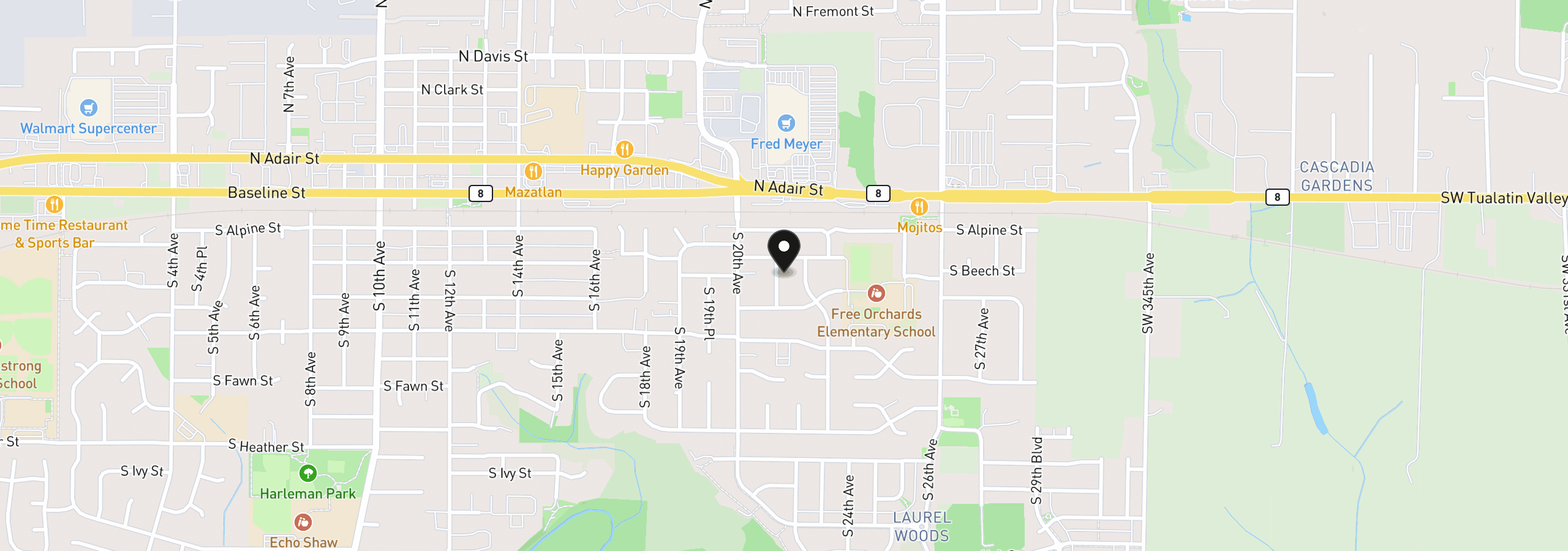 Map showing the location of 212 S 21st Ave, Cornelius, OR 97113