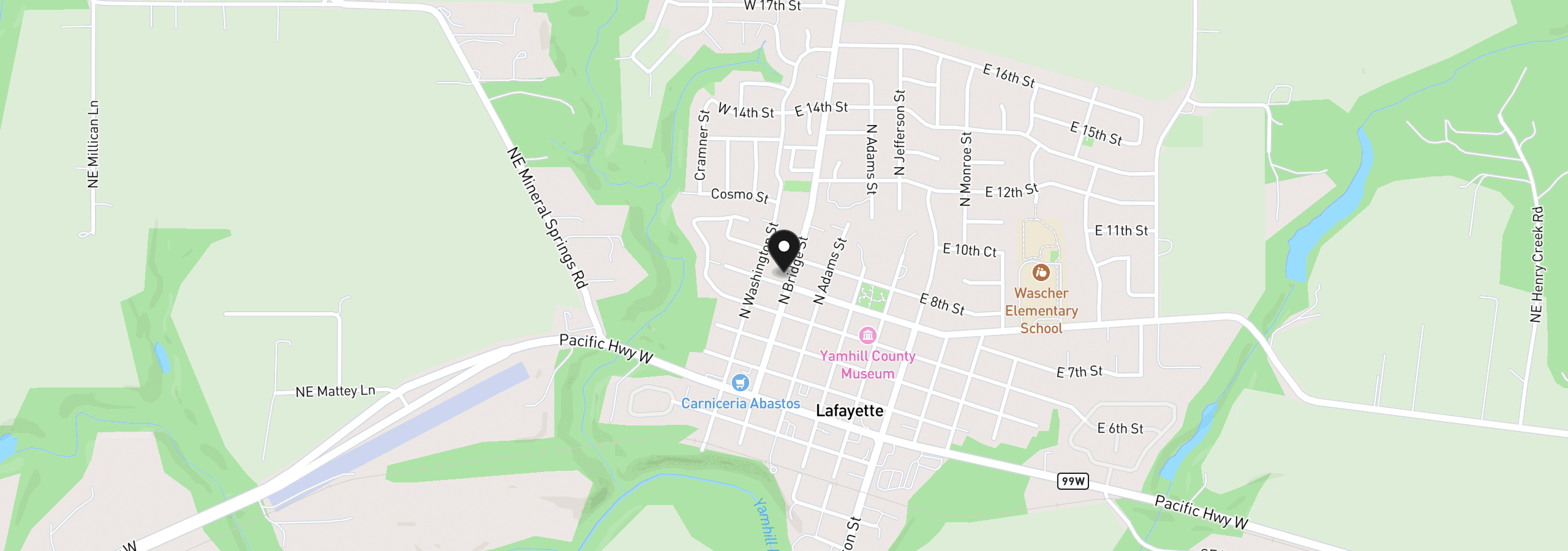 Map showing the location of 160 E 7th St, Lafayette, OR 97127