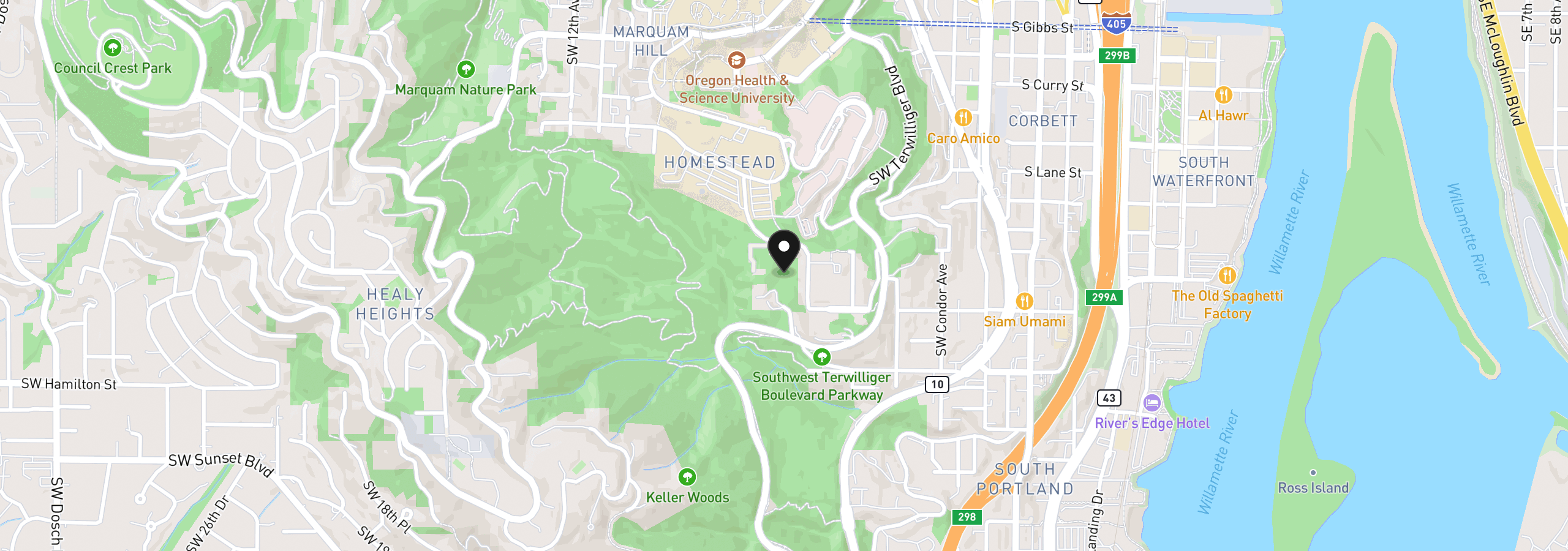 Map showing the location of SW Levy Code 001, Portland, OR 97239