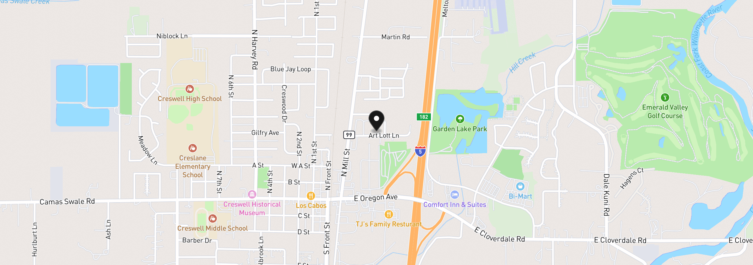 Map showing the location of 276 Art Lott Ln, Creswell, OR 97426