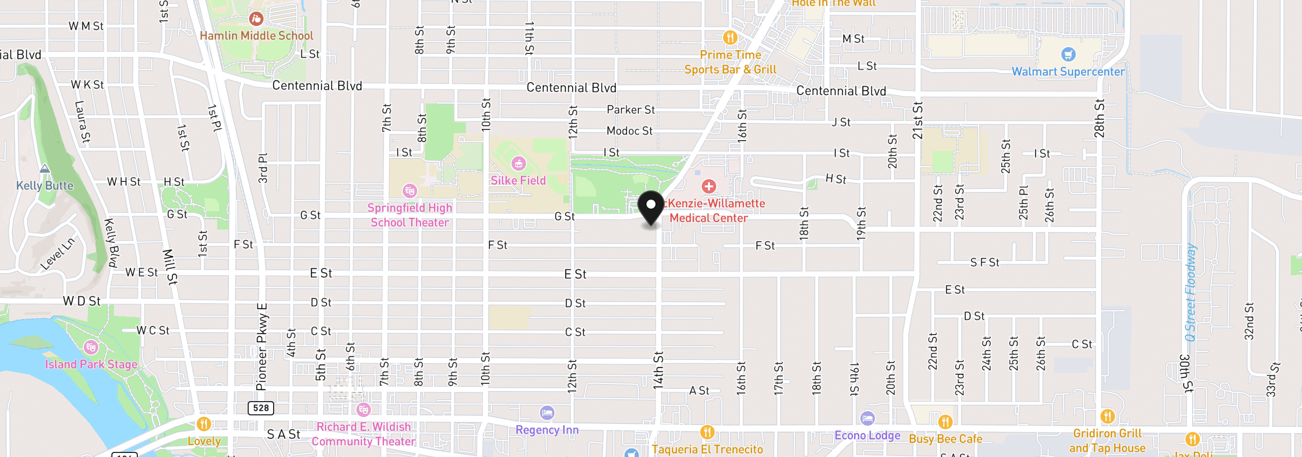 Map showing the location of 740 14th St, Springfield, OR 97477