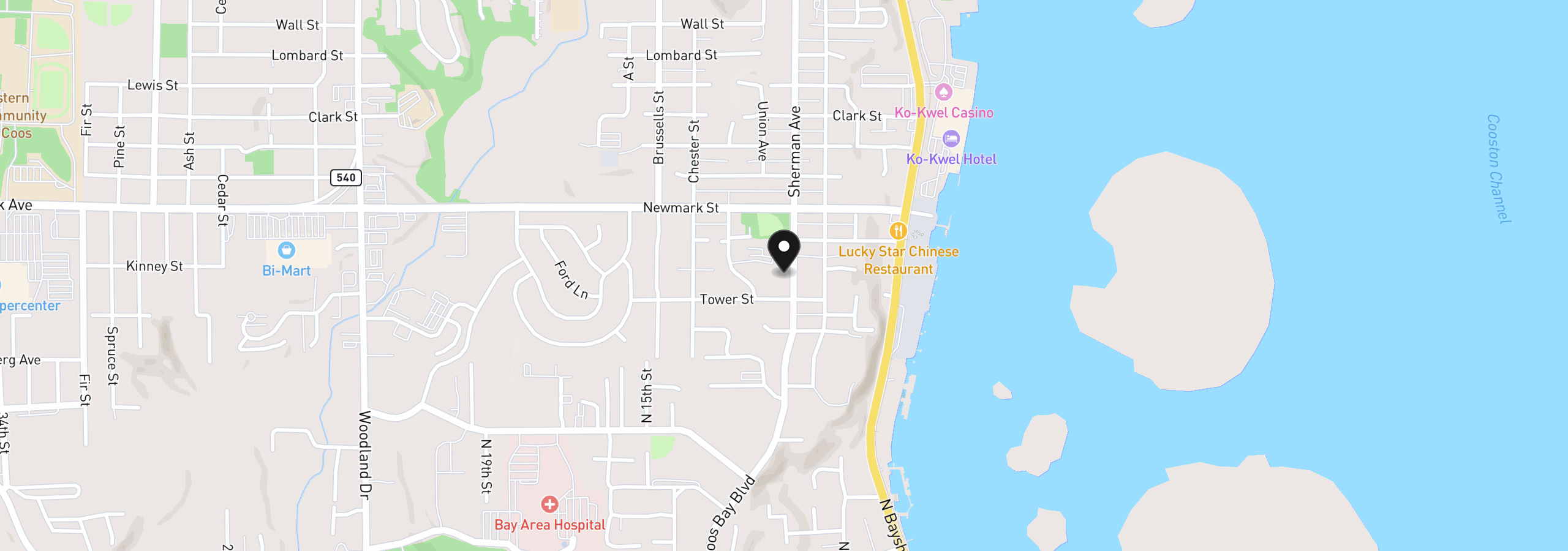 Map showing the location of 3614 Sherman Ave, North Bend, OR 97459