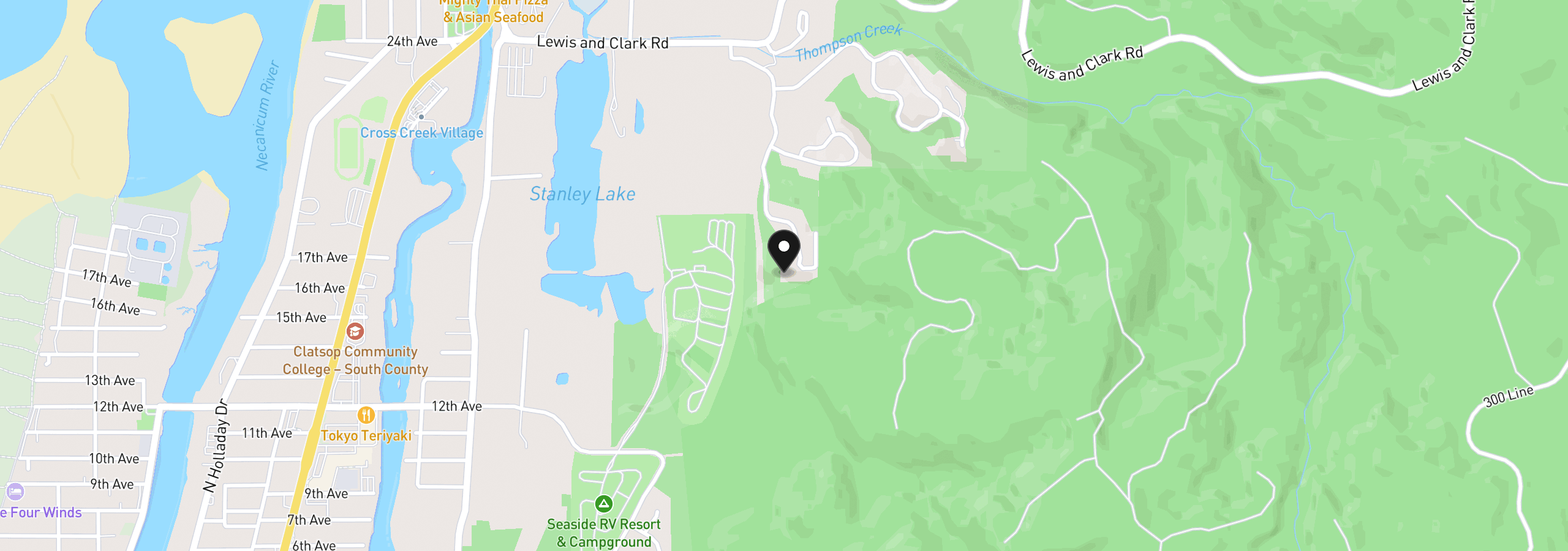 Map showing the location of 1800 Thompson Falls Dr, Seaside, OR 97138