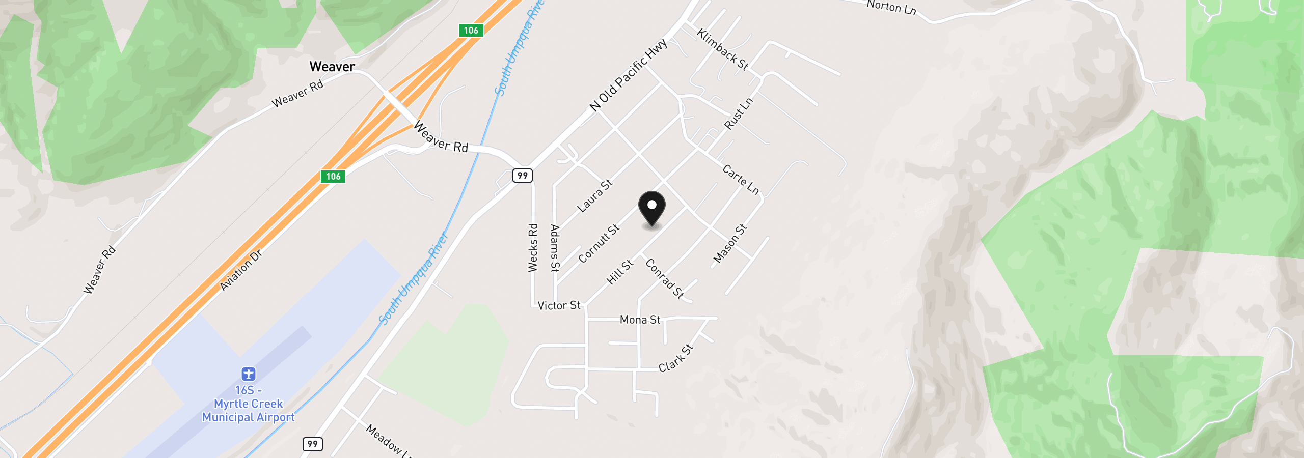 Map showing the location of 1021 Hill St, Myrtle Creek, OR 97457