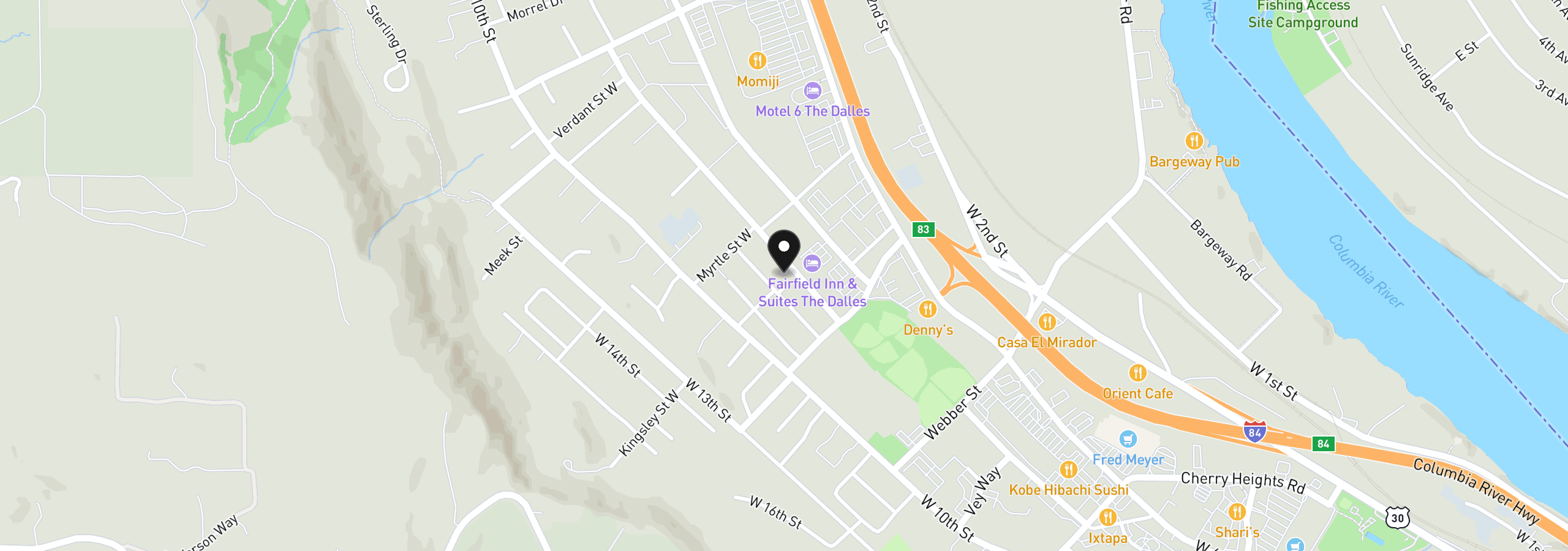 Map showing the location of 911 Kingsley St, The Dalles, OR 97058
