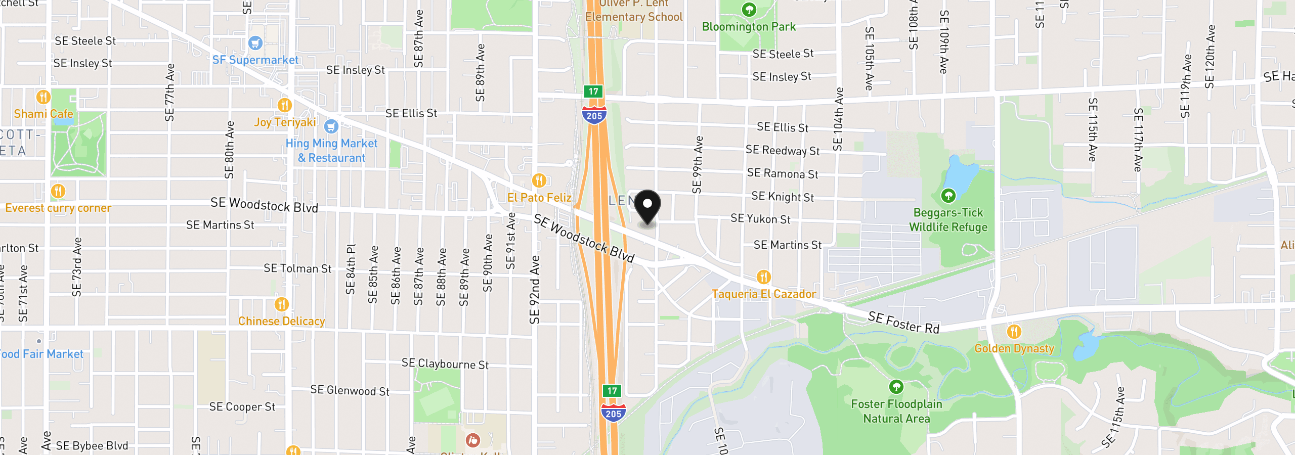 Map showing the location of 9639 SE Foster Rd, Portland, OR 97266