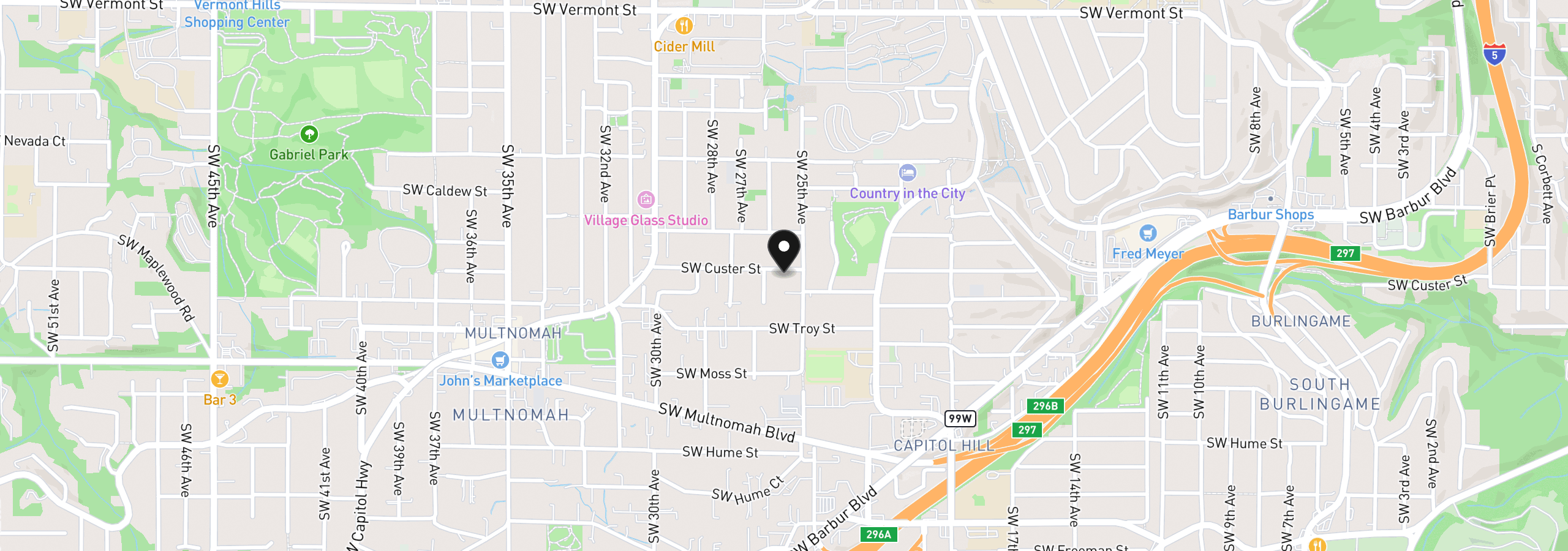 Map showing the location of 2534 SW Custer St, Portland, OR 97219