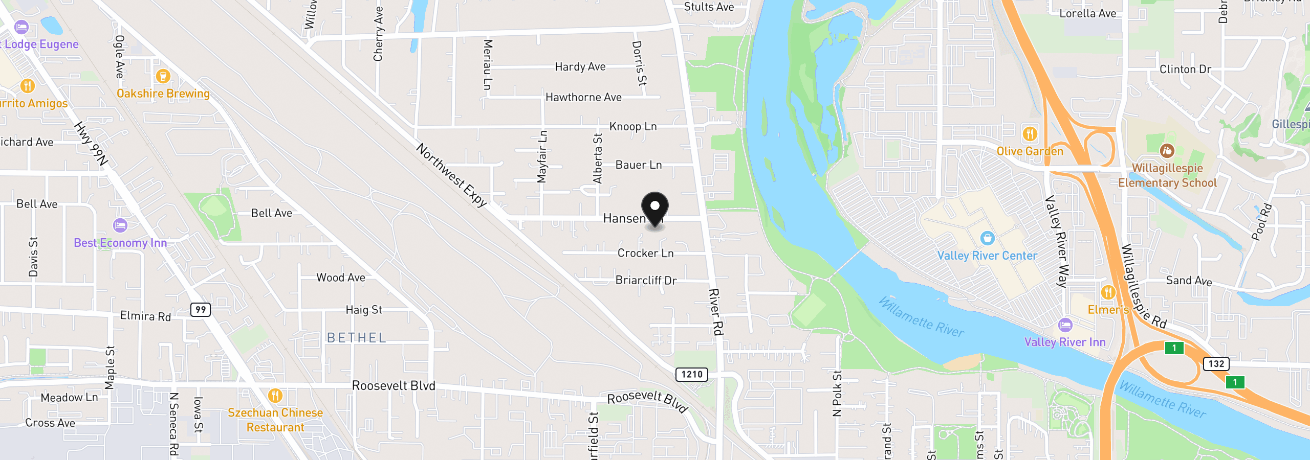 Map showing the location of 112 Hansen Ln, Eugene, OR 97404