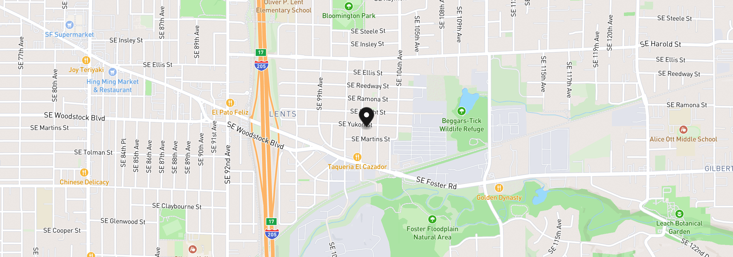 Map showing the location of 10214 SE Yukon St, Portland, OR 97266