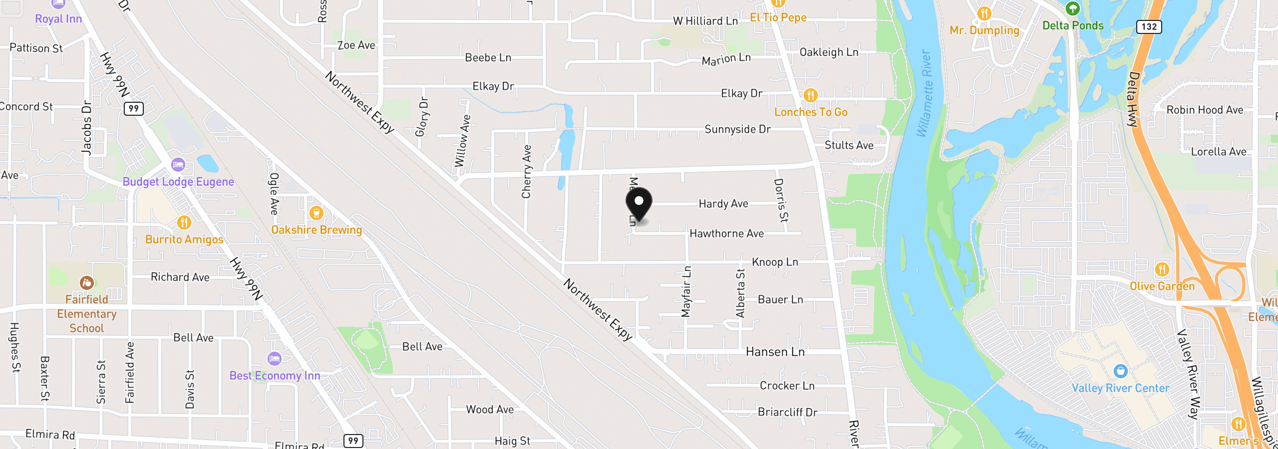 Map showing the location of 395 Hawthorne Ave, Eugene, OR 97404