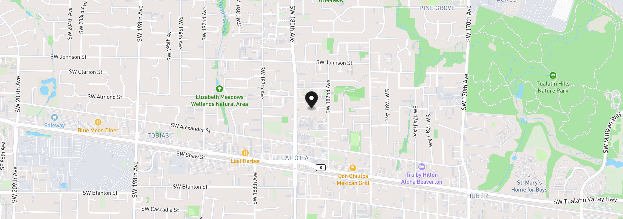 Map showing the location of 18394 SW Annamae Ln, Beaverton, OR 97003