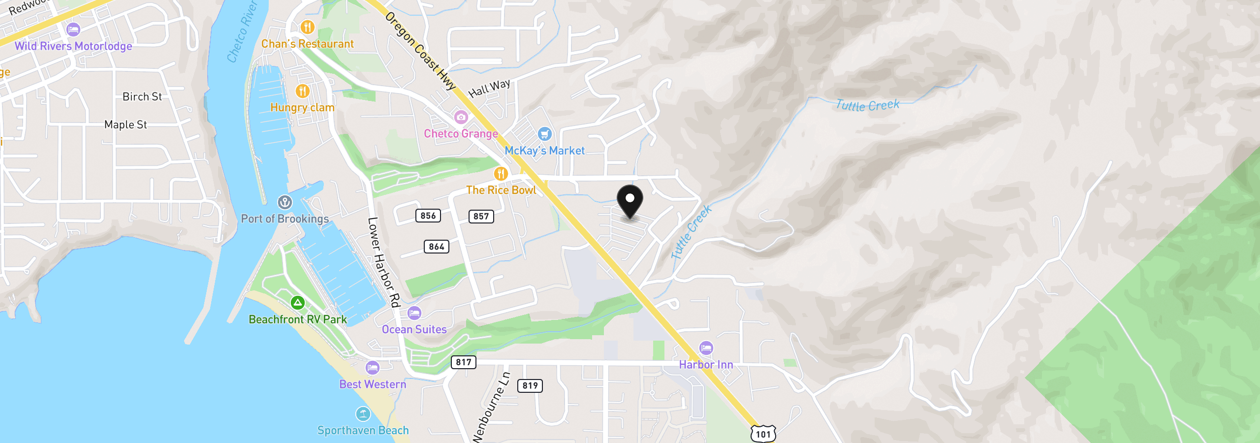 Map showing the location of 16117 Highway 101 76, Brookings, OR 97415