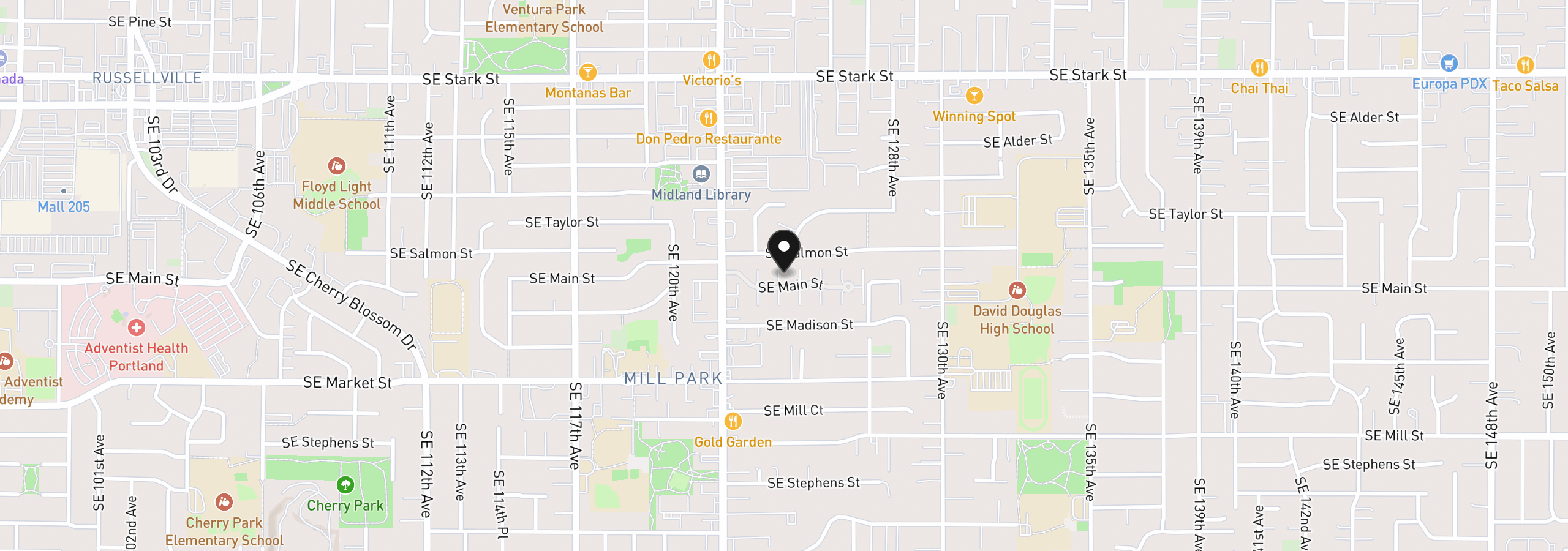 Map showing the location of 12395 SE Main St, Portland, OR 97233