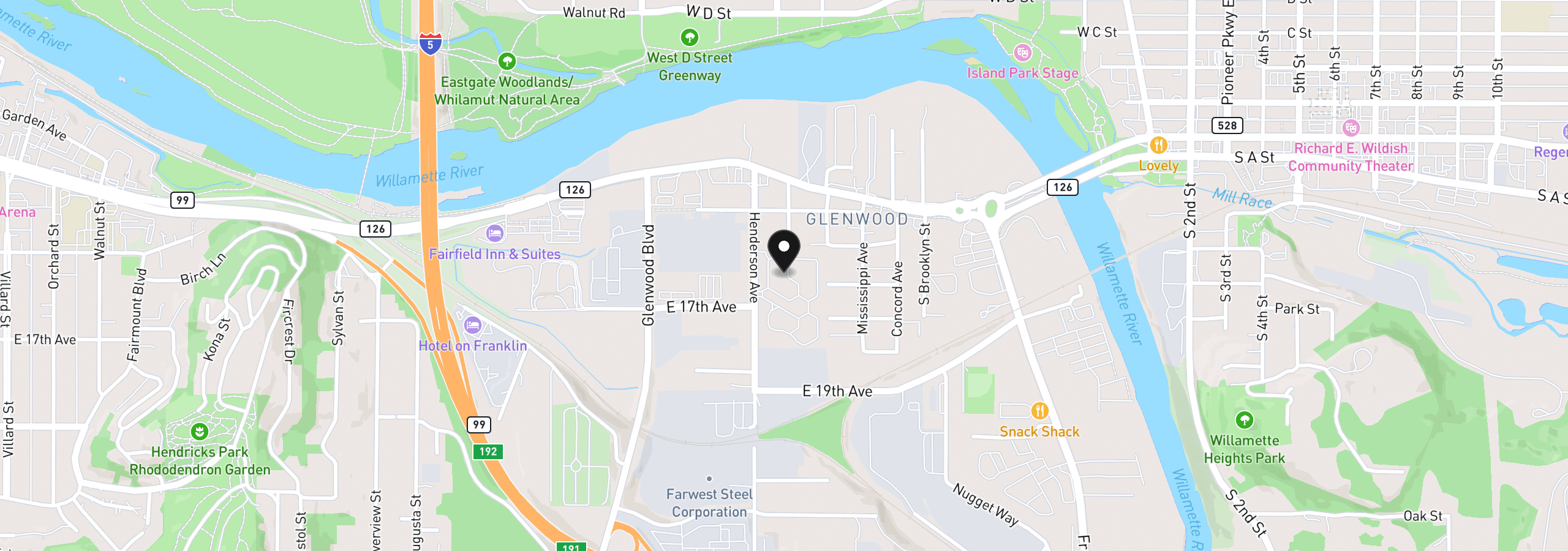 Map showing the location of 1625 Henderson Ave F4, Eugene, OR 97403