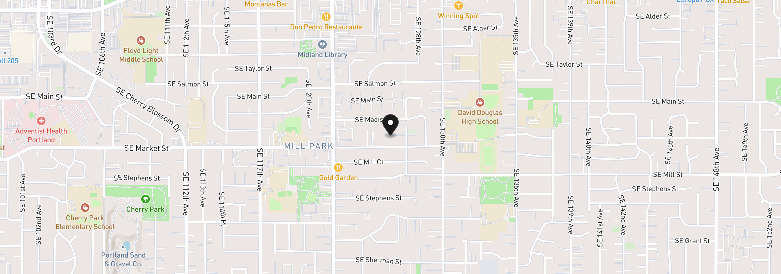 Map showing the location of 12601 SE Market St, Portland, OR 97233