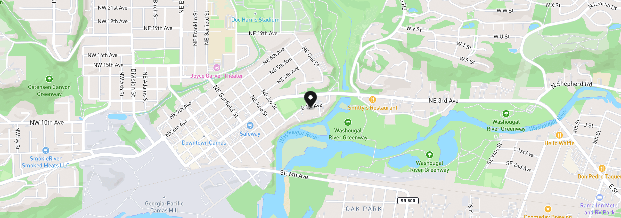 Map showing the location of 1244 E 1st Ave, Camas, Wa 98607