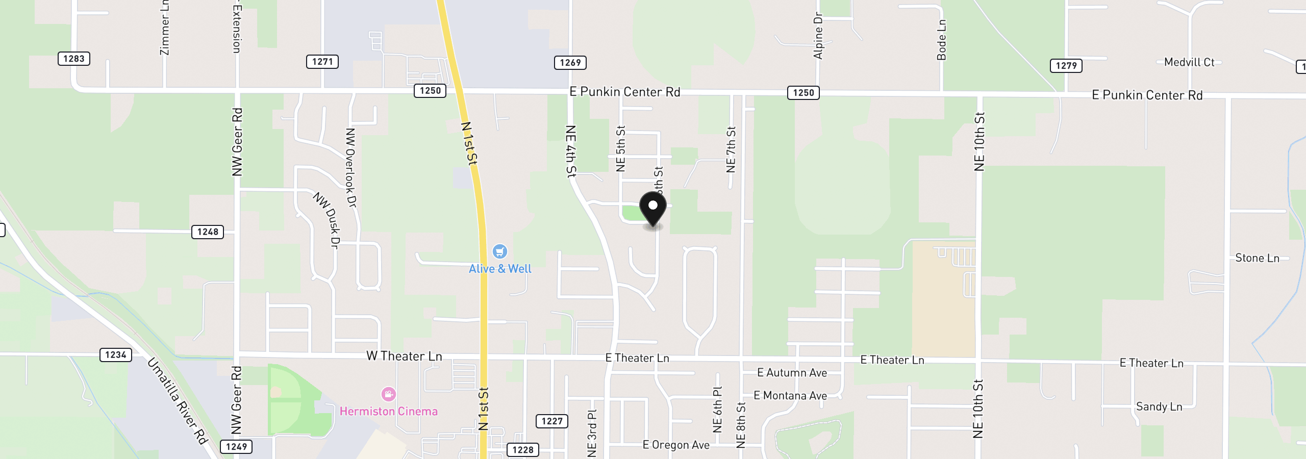 Map showing the location of 596 E Lauren Ave, Hermiston, OR 97838