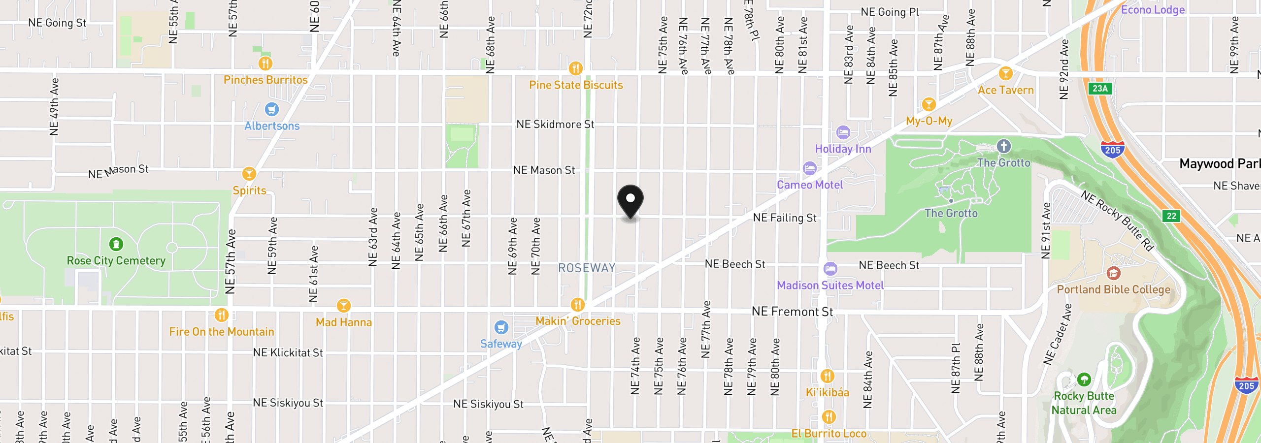Map showing the location of 3841 NE 74th Ave, Portland, OR 97213